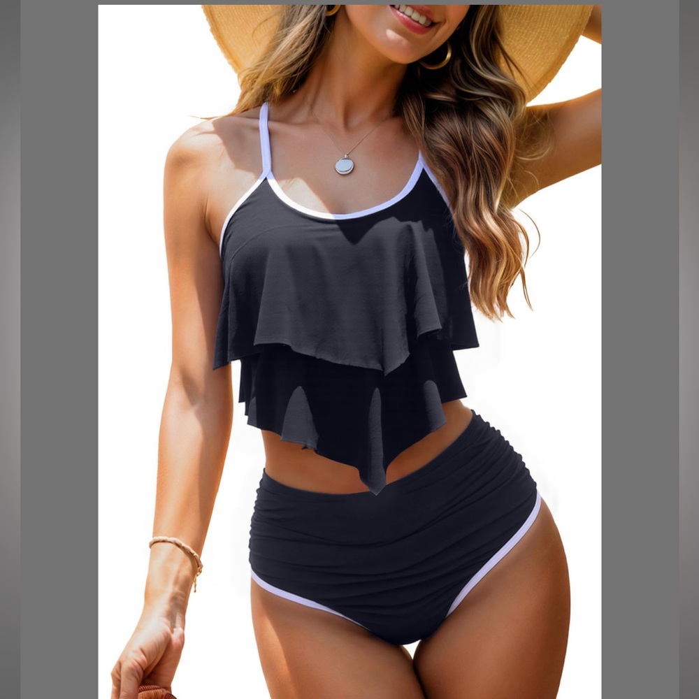 Black Ruffled Two-Piece Swimsuit, size L